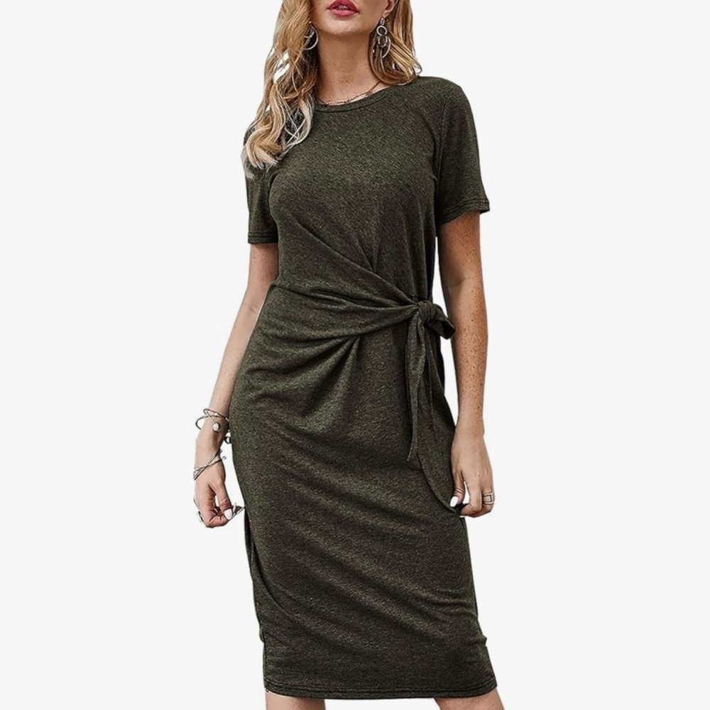 Casual Short Sleeve Front Tie Waist Dress - Army Green (L)